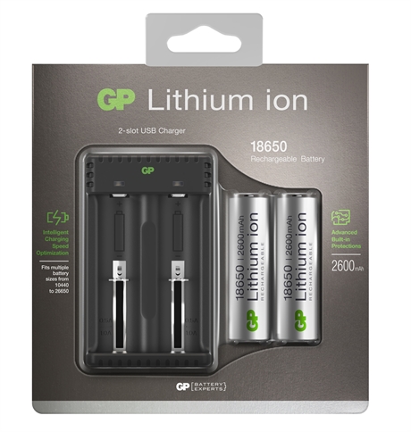 GP Lithium-ion 18650 Batterier 2-pack med laddare